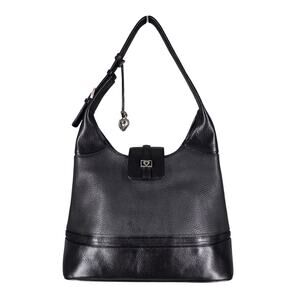 BRIGHTON WOMEN'S BLACK DANIA LEATHER HANDBAG HEART CHARM FLAP CLOSURE 14X11X5